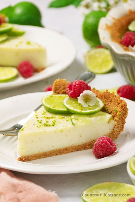 This evaporated milk key lime pie is sweet and creamy with the perfect amount of tang. A toasted graham cracker crust is filled with a luscious, smooth key lime filling. Evaporated milk perfectly complements the tanginess of the key lime while also amping up the dreamy creaminess of the pie filling. It’s the perfect summer dessert, and no family celebration or outdoor BBQ is complete without this citrusy pie! It’s also excellent for Thanksgiving and other holidays. | CountryHillCottage.com No Bake Key Lime Pie, No Bake Key Lime, Key Lime Filling, Cream Cheese Pound Cake Recipe, Key Lime Desserts, Gluten Free Graham Crackers, Lime Desserts, Lime Recipes, American Desserts