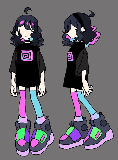 this is what i drew cute right? Well i decided to put neon and dark colors in this Oc but i really love it! Outfit Ideas Colorful, Dark Kawaii, Girl Oc, Rainbow Cartoon, Draw Your Oc, Neon Girl, Neon Outfits, Cartoon Outfits, Cute Art Styles