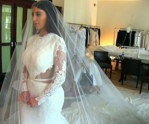 Kim Kardashian's Wedding Dress Fitting Went Like This... Ellie Saab Wedding, Kimye Wedding, Kim Kardashian Wedding Dress, Wedding Dress Fitting, Kim Kardashian Wedding, Lace Veils Bridal, Wedding Night Lingerie, New Partner, Celebrity Wedding Dresses