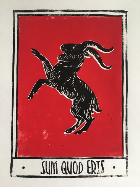 A two colour linocut print of a goat with a quote in Latin. This work is inspired by medieval heraldry and memento mori. The goat is based on a goat illustration seen on coats of arms. The Latin quote, Sum Quod Eris means 'I am what you will become' and is popular on gravestones.   This print has been hand carved into a lino block and then also printed by hand onto Japanese washi paper. The handmade nature of this printing style means each print is unique.  It is a very small edition of 5 prints Goat Linocut, Black Goat Art, Goat Art Illustration, Linocut Tattoo, Medieval Heraldry, Goat Illustration, Medieval Banner, Goat Print, God Pan