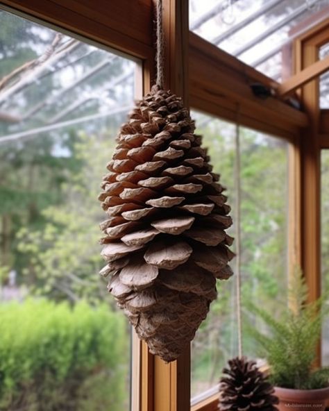 Pinecone Outdoor Decor, Pine Cone Mobile, Pine Cone Wind Chime, Pine Cone Uses, Pine Cone Art Projects, Giant Pine Cone Crafts, Large Pinecones Ideas, Large Pinecone Crafts, Pine Cone Ideas