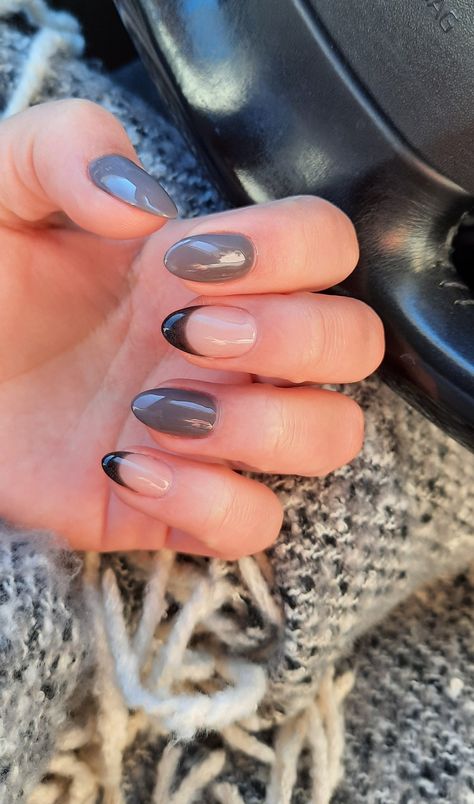 Grey Black Nails, Grey Almond Nails, Nails 2022, Black Nails, Almond Nails, Black Grey, Sapphire Ring, Almond, Nails