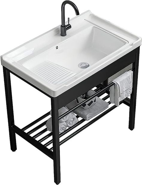 Freestanding Laundry Utility Sink, 28.3" × 19" × 32.3" Ceramic Utility Sink with Washboard Set with Bracket and Drain Kit for Laundry Room, Utility Room, Garage, Basement, Outdoor and Indoor - - Amazon.com Utility Sinks In Laundry Room Ideas, Small Utility Sink, Sink With Washboard, Laundry Room Utility Sink, Free Standing Kitchen Sink, Laundry Utility Sink, Garage Sink, Free Standing Sink, Pantry Laundry