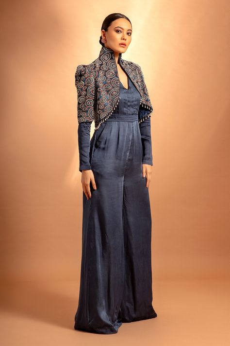 Shop for these amazing collections of Blue Pure Satin Crepe Embellished Jacket Ajrak Pleated Jumpsuit With For Women by Sejal Kamdar online at Aza Fashions. Jumpsuit With Jacket, Indo Western Outfits For Women, Designer Dresses Elegant, Embroidered Jumpsuit, Pleated Jumpsuit, Evening Mini Dresses, Latest Dress Design, Embellished Jacket, New Address