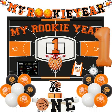 PRICES MAY VARY. Happy my rookie year birthday 1st birthday: The colorful backdrop banners and cake topper feature basketballs and “My Rookie Year”words that will look great hanging around the party area. They will add excitement to photos and make your party more like a rookie wonderland. Unique basketball design: The banners are designed with basketball pattern as well as the orange basketball themed balloons in black, white and orange. With these decorations setting the scene, the birthday ba Rookie Of The Year First Birthday Basketball Party, Basketball Theme 1st Birthday Party, One Year Old Basketball Theme Party, 1st Bday Basketball Theme, My Rookie Year First Birthday Basketball, One Year Old Basketball Party, 1st Birthday Boy Basketball Themes, Basketball First Birthday Party, Basketball 1st Birthday Party