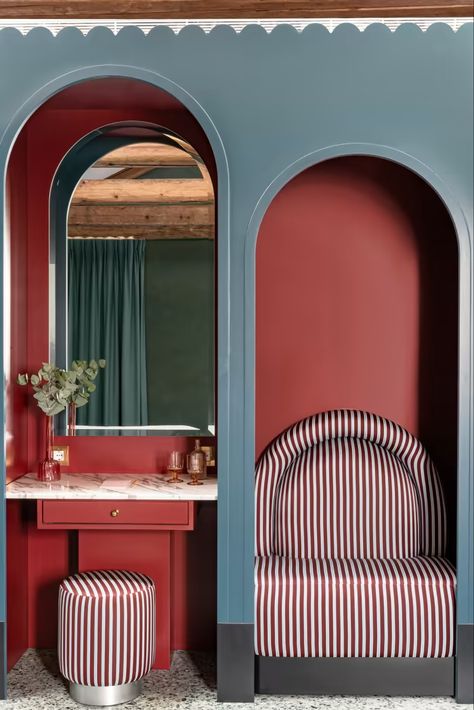 Striped Bathroom, Red Hotel, Glazing Furniture, Wall Arch, Red Interior, Paris London, Red Interiors, Colorful Interiors, Interior Inspiration