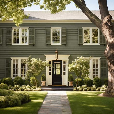 6+ Earthy Green Exterior Paint Ideas for a Natural Aesthetic • 333+ Art Images Shaker Style Home Exterior, English Cottages Exterior, Painted Shake Siding, Country Home Exterior Colors, Exterior House Colors Colonial, Historic Exterior Paint Colors, Grey Colonial House Exterior, Green Colonial House, Green Home Exterior Colors