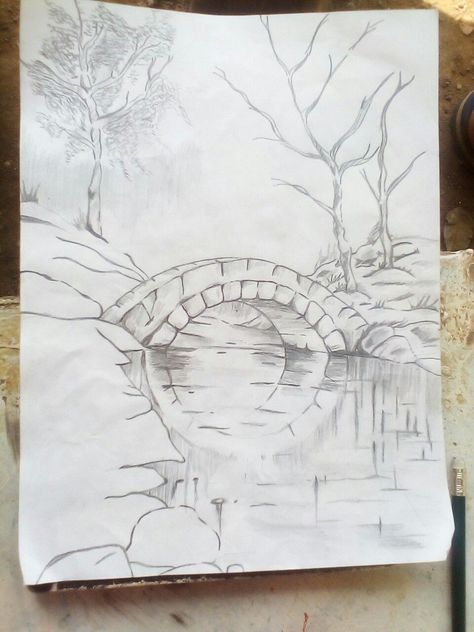 Doodle Scenery, Easy Drawing Step By Step, Bridge Drawing, Landscape Pencil Drawings, Drawing Scenery, Easy Acrylic Painting, Nature Art Drawings, Sketch Portrait, Art Sketches Doodles