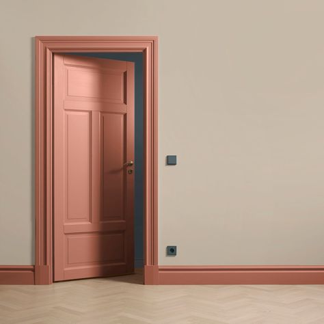 Pink Skirting Boards And Doors, Yellow Dressing Room, Painted Door Frames And Skirting Boards, Dusty Pink Hallway, Pink Skirting Boards, Mauve Hallway, Pink Doors Interior, Peachy Nursery, Pink Molding