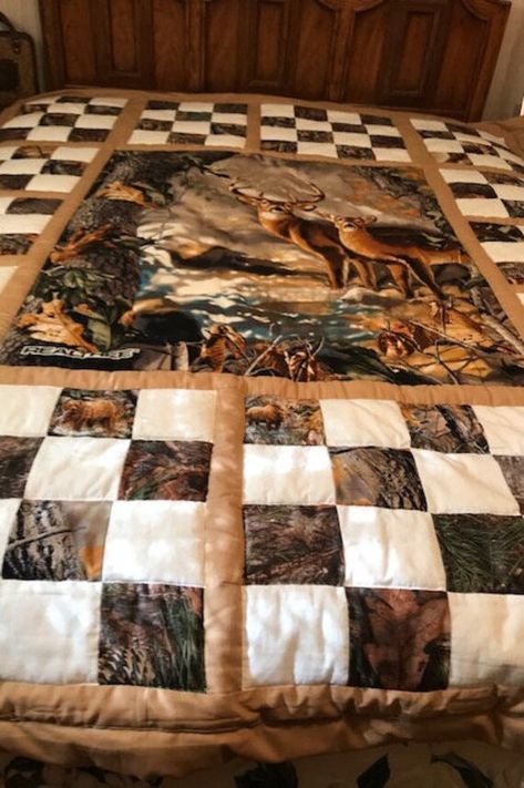 Hand made quilt with deer scene. Deer Panel Quilt Ideas, Jean Quilts, Camo Quilt, Deer Quilt, Deer Scene, Wildlife Quilts, Deer Blanket, Blue Jean Quilts, Panel Quilt Patterns