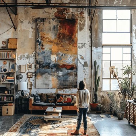 Industrial Studio Design, Nyc Artist Loft, Industrial Loft Exterior, Nyc Loft Aesthetic, Loft Artwork, Open Loft Ideas, Industrial Art Gallery, Artist Loft Apartment, Industrial House Interior