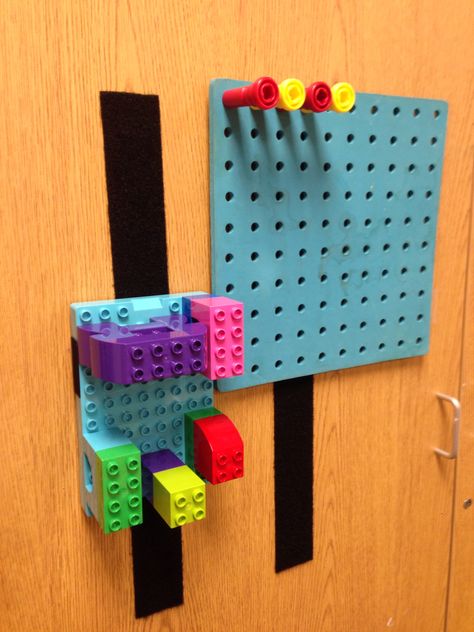 Position objects on a Velcro strip to work on shoulder strength, provide more sensory input, or just to get it at eye level. Box Activities, Sensory Items, Sensory Wall, Sensory Input, Pediatric Physical Therapy, Busy Boards, Occupational Therapy Activities, Adaptive Equipment, Sensory Ideas