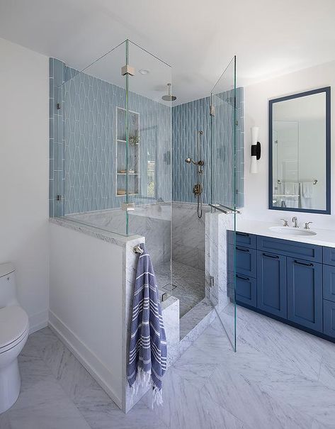 White Beveled Subway Tile, Shower Accent Tile, Blue Shower Tile, Blue Bathrooms Designs, Backsplash Tile Design, Shower Backsplash, Frameless Glass Doors, Glass Shower Doors Frameless, Grey Floor Tiles