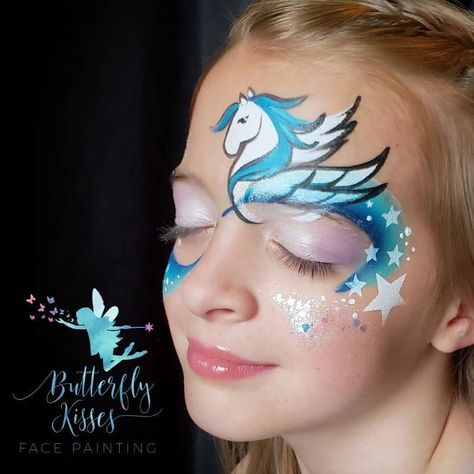 Pegasus face paint, water horse Pegasus Face Paint, Horse Face Painting, Kiss Face Paint, Horse Face Paint, Kiss Face, Girl Face Painting, Face Painting Easy, Horse Face, Butterfly Kisses