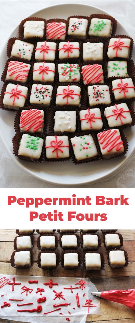 Peppermint bark petit fours #petitfours #holidaydesserts #peppermintbark Christmas Petit Fours, Cute Layers, Wedding Rings Elegant, Ghirardelli Peppermint Bark, Petit Four Recipes, Desserts Mini, Wedding Rings Princess, Holiday Platters, Rings Elegant