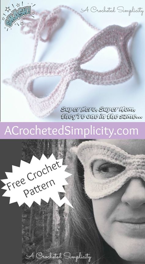 Free Crochet Pattern - Super Hero, Super Mom Mask by A Crocheted Simplicity Hero Mask, Crochet Costumes, Crochet Mask, Superhero Masks, Crochet Eyes, Crochet Halloween, Crochet Fun, Mask Pattern, Halloween Crochet