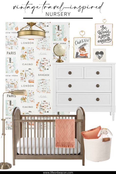 Traveler Nursery Theme, Travel Inspired Nursery, Vintage Travel Nursery, Travel Nursery Theme, Travel Baby Nursery, Nursery Travel Theme, World Traveler Nursery, Company Wallpaper, Travel Themed Nursery