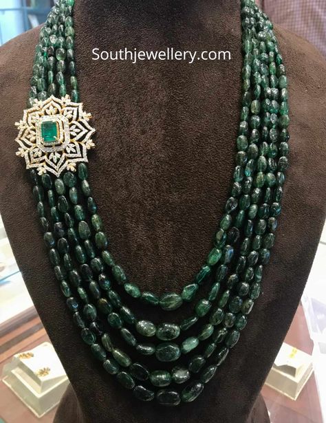 Five line emerald beads long necklace with diamond emerald floral side pendant by Omprakash jewellers. pendant for emerald strings necklace Beads With Diamond Pendant, Omprakash Jewellers, Emerald Beads Necklace, Beads Long Necklace, Ruby Jewelry Necklaces, 22 Carat Gold Jewellery, Temple Jewelry Necklace, Necklace With Diamond, Pearl Jewelry Design