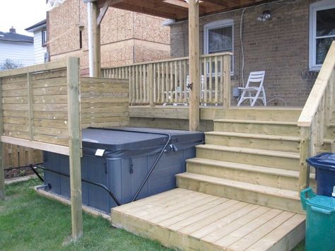 Tiered Deck With Hot Tub, Hot Tub Plans, Deck With Hot Tub, Hot Tub Deck Design, Small Backyard Decks, Hot Tub Landscaping, Hot Tub Patio, Tiered Deck, Deck Railing Design