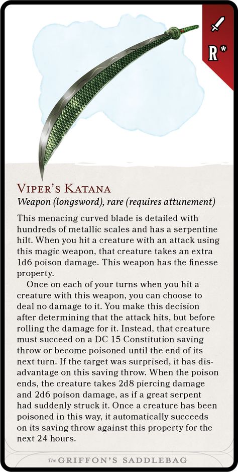 [Cards] Viper's Katana | The Griffon's Saddlebag on Patreon Katanas Dnd 5e, Dnd Combat, Dnd Equipment, The Griffon's Saddlebag, Griffon's Saddlebag, Dnd Spells, Dnd Magic, Dnd Stats, Dnd Homebrew