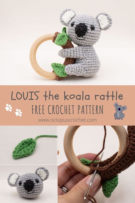 Louis the Koala baby rattle crochet pattern 6 Crochet Koala Lovey, Rattle Crochet Pattern Free, Baby Rattle Crochet Free Pattern, Crochet Koala Free Pattern, Koala Crochet Pattern Free, Crochet Rattle Free Pattern, Crochet Baby Rattle Free Pattern, Crochet Rattles, Rattle Crochet Pattern