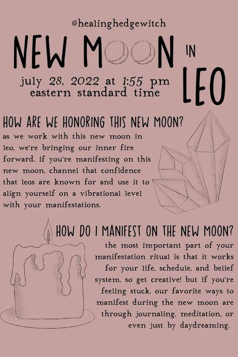 the most important part of manifestation is that it works for your life, schedule, and belief system. so get creative! but if you're feeling stuck, our favorite ways to manifest during the new moon are through journaling, meditation, or by daydreaming.

as we work with this new moon in leo, we're bringing our inner fire forward. if you're manifesting on this new moon, channel that confidence that leo is known for and use it to align yourself on a vibrational level with your manifestations. New Moon Affirmations, New Moon Manifestation, Leo New Moon, Moon Affirmations, New Moon In Leo, Manifestation Ritual, Moon Manifestation, New Moon Ritual, Ritual Magic