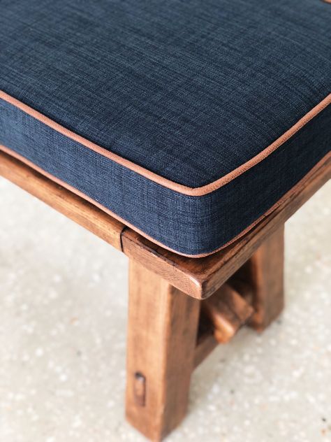 Close-up! SquareFox custom bench seat cushion in Navy, with faux leather trim. Bench With Cushion Seat, Custom Cushions Bench Seat, Outdoor Bench Cushions, Cushion Bench Seat, Bench Back Cushion, Bench Cushion Ideas, Window Bench Cushion, Indoor Bench Seating, Diy Bench Cushion