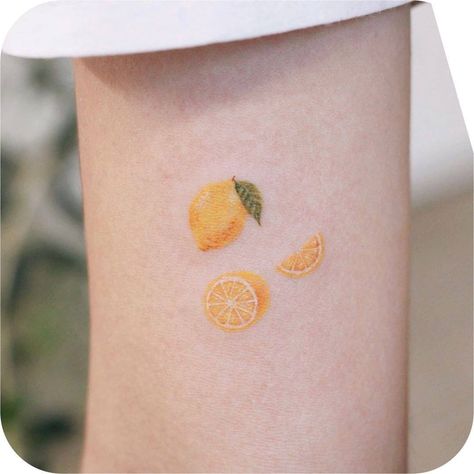 Orange And Lemon Tattoo, Yellow Tattoo Ideas, Italian Themed Tattoos, Tiny Lemon Tattoo, Fine Line Lemon Tattoo, Small Lemon Tattoo, Italian Tattoos For Women, Tattoo Trio, Lemon Tattoo