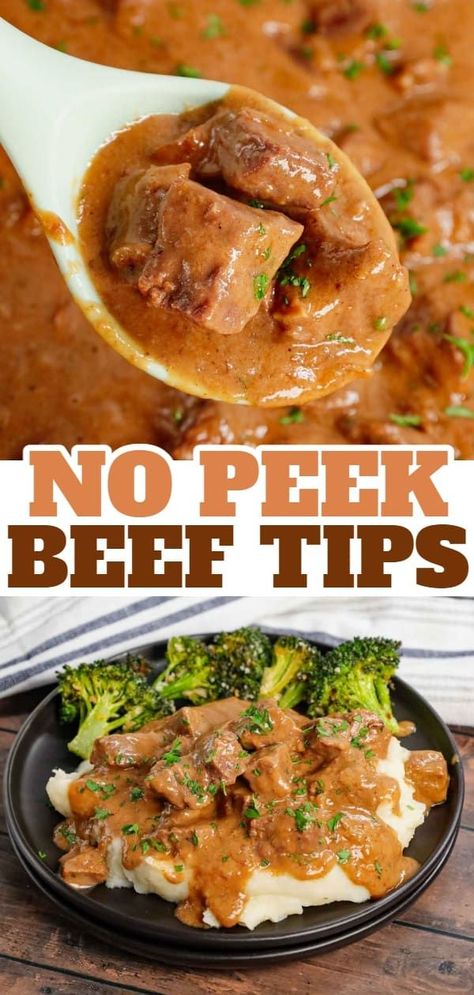 No Peek Beef Tips is a classic comfort food dish with cubes of beef cooked slowly in a delicious gravy made from cream of mushroom soup, beef broth, beef gravy mix and onion soup mix. Beefy Onion Soup Mix Recipes, Soup Beef Broth, No Peek Beef, Beef Cube Steak Recipes, Beef Gravy Mix, Steak And Potato Soup, No Peek Beef Tips, Oven Beef Stew, Crock Pot Beef Tips