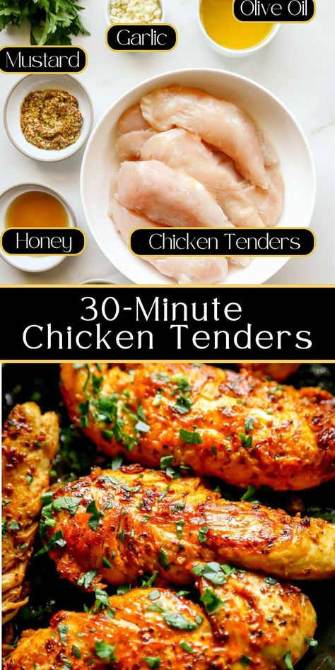 These chicken tenders recipe features a delicious marinade with aromatic garlic, whole-grain mustard, sweet honey, and spices—perfect for busy weeknights! #dinner #chicken #chickentenders #quickdinner #honeymustard Grilled Honey Mustard Chicken Tenders, Honey Garlic Chicken Tenders Recipe, Tender Chicken Marinade, Honey Mustard Chicken Tenderloins, Baked Honey Garlic Chicken Tenders, Pan Cooked Chicken Tenders, Chicken Tender Marinade Recipes, Salad With Chicken Tenders, Healthy Chicken Tenderloin Recipes Clean Eating