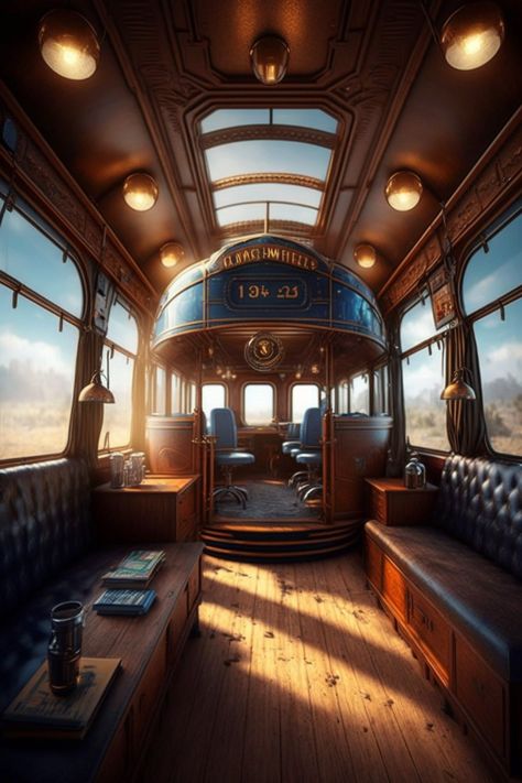 Fantasy Train Interior, Fancy Train Interior, Steampunk Train Interior, Futuristic Train Interior, Steampunk House Interiors, Retro Futurism Interior, Steampunk Setting, Fantasy Train, Fantasy Hotel