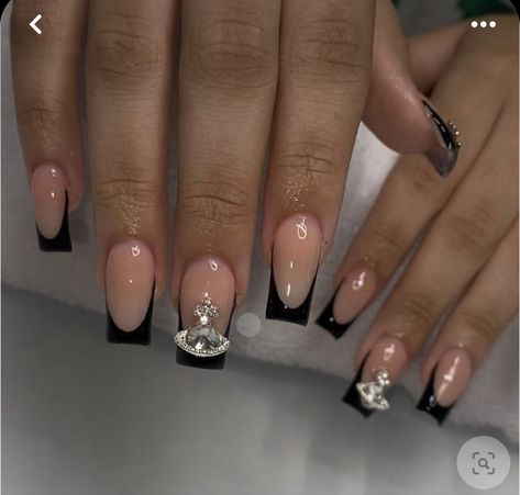 Black French Top With Gems, School Appropriate Nails, Back To School Nails For Teens, Future Nails, Pink White Nails, Teen Nails, Pedi Ideas, Girly Acrylic, Plain Nails