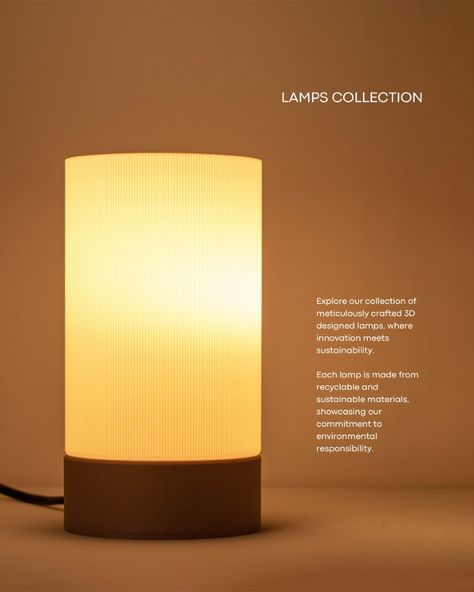 Lamps Collection. Lumina Lamp. Crafted from eco-friendly materials, this lamp features a sleek, contemporary design that adds elegance to any space. Lumina Lamp provides warm, ambient lighting, creating a cozy and inviting atmosphere while showcasing your commitment to environmentally conscious living. More information at wausdesign.com #3d #3dprinting #lamps #design #printeddesign #ecodesign Warm Ambient Lighting, 3d Printed Lamp, Lamps Design, Ed Design, 3d Lamp, Conscious Living, Presentation Layout, Led Lamps, Eco Design