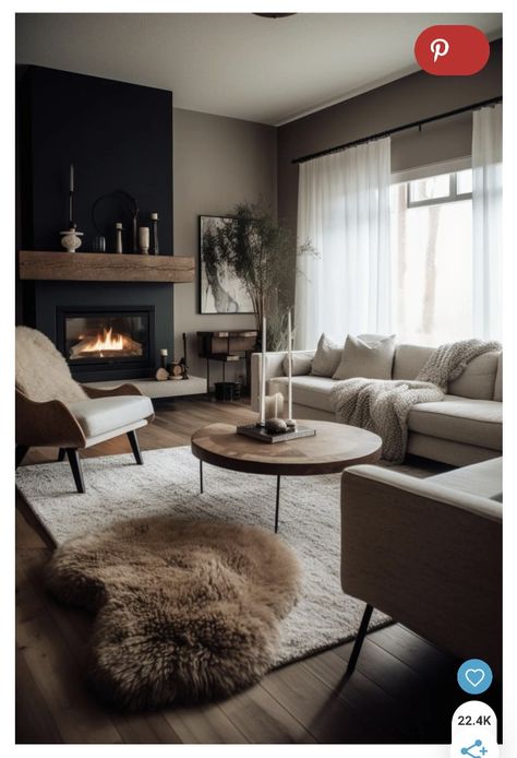 Hygge Living Room Rugs, Moody Modern Living Room Ideas, Large Living Room Ideas With Fireplace, Dark Cozy Living Room Ideas, Dark Scandinavian Living Room, Cosy Modern Living Room, Warm And Cozy Living Room Designs, Moody Neutral Living Room, Cosy Living Room Ideas Warm Colours