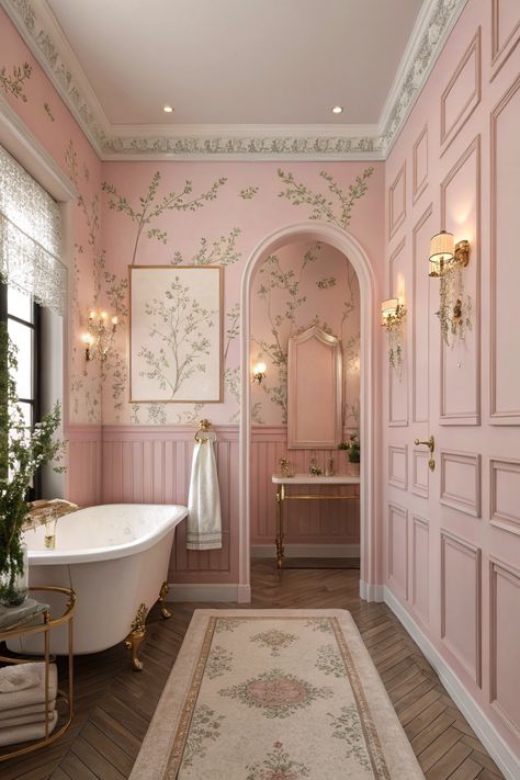 Transform your bathroom with soft pastel pink walls, vintage fixtures, and elegant decor for a cozy retreat. #PinkBathroom #HomeDecor Pink And Wood Bathroom, Pink Art Deco Bathroom, Pink House Decor Interiors, Pink Downstairs Toilet, Dusky Pink Bathroom, Bathroom Pink Aesthetic, Pink Bathroom Floor, Pink Tiles Bathroom, Soft Pink Bathroom