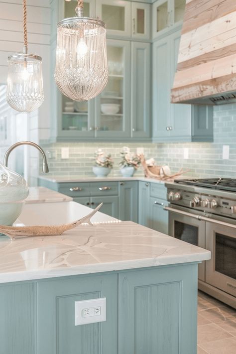 Coastal Kitchen Ideas, Light Blue Kitchens, Small Beach Houses, Coastal Kitchen Design, Cabinets Makeover, Beach Kitchen, Vacation Villa, Beach House Interior Design, Beach Kitchens