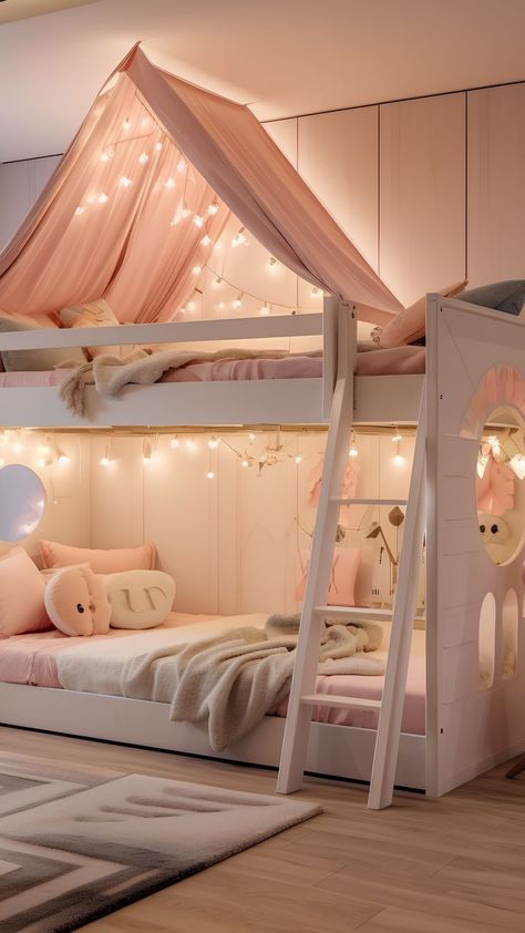 Girls Bunk Beds, Bunk Bed Rooms, Kids Room Bed, Luxury Kids Bedroom, Kids Room Interior Design, Kids Room Lighting, Scandinavian Nursery, Kids Bedroom Inspiration, Kids Bedroom Designs