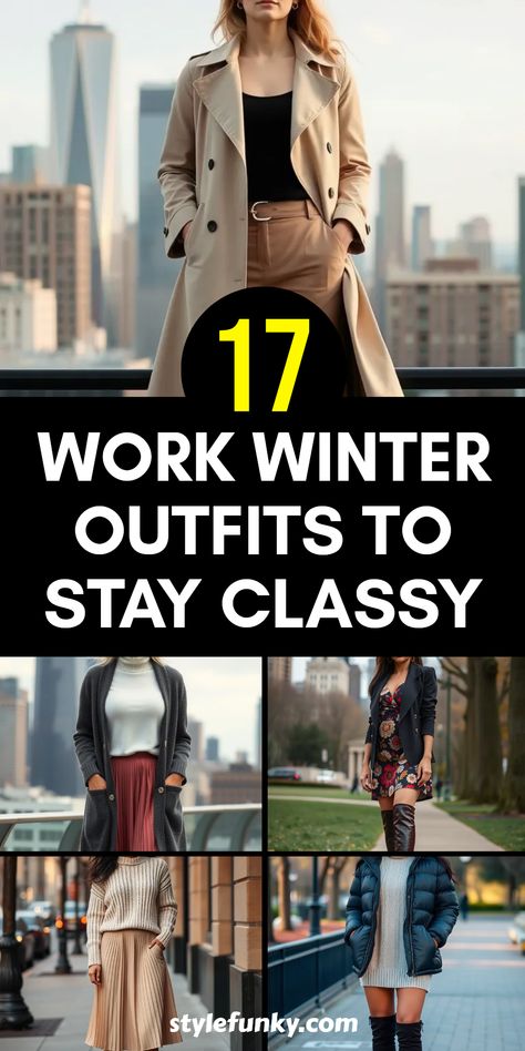 Want to know how to stay both warm and fashionable at work during winter? Discover 17 stylish work winter outfits! Each ensemble pairs practicality with elegance, featuring items like a trendy puffer jacket, a chic printed dress layered with a blazer, and cozy sweaters combined with stylish midi skirts. Giant trench coats over fitted tops or cardigans over turtlenecks keep you cozy without sacrificing style. Embrace the winter weather effortlessly with outfits perfect for the office without losing your flair! Business Casual Outfits Women Winter 2024, Shein Work Outfits Women Winter, Womens Business Attire Winter, Winter 2024 Office Fashion Trends Women, Winter Lawyer Outfit, Wool Jackets Women Outfit, Winter Office Attire Women, Work Outfit Inspo Winter, Cozy Work Outfit Office