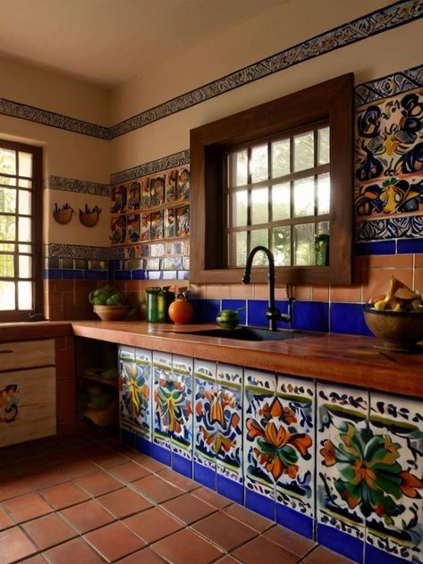 Mexican Houses Interior, Mexican Style Kitchens Ideas, Mexican Style House, Mexican Tile Kitchen, Hacienda Style Kitchen, Mexican Home Design, Mexican Style Kitchens, Cluttered Kitchen, Spanish Style Kitchen