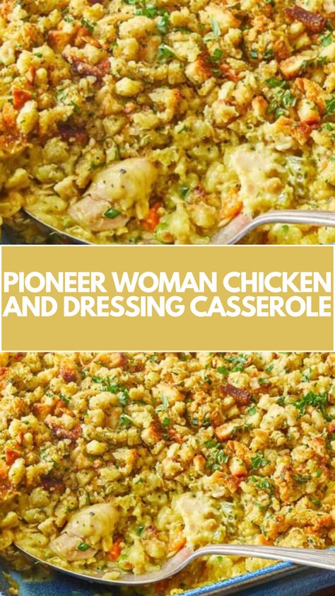 This delicious Pioneer Woman Chicken and Dressing Casserole is a quick and easy meal that’s perfect for busy weeknights. With creamy chicken, fresh veggies, and a crispy stuffing topping, it’s a comforting dish you can customize with common ingredients. Everyone will love this hearty and satisfying casserole! Chicken And Boxed Dressing Casserole, Fall Dinner Recipes Casseroles, Canned Chicken Stuffing Casserole, Healthy Chicken Stuffing Casserole, Roasted Chicken And Dressing, Casserole With Stuffing On Top, Stuffing Topped Casserole, Chicken N Dressing Casserole, Best Chicken And Stuffing Casserole