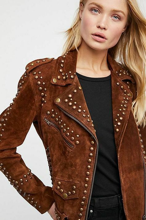 New Women 100% Hand Made Studded Easy Rider Suede Leather Jacket XS To 5XL #Vipzi #WomenMotoRiderjacket Varsity Jacket Women, Vintage Suede Jacket, Studded Leather Jacket, Suede Leather Jacket, American Western, Studded Jacket, Brown Suede Jacket, Easy Rider, Ropa Diy