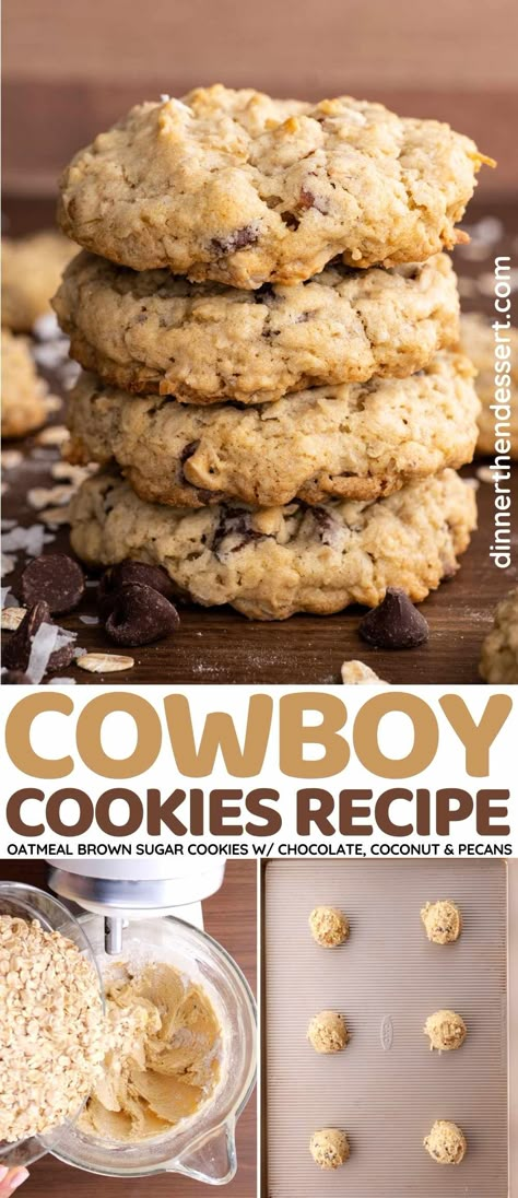 Cowboy Cookies are crispy, chewy oatmeal brown sugar cookies with chocolate chips, coconut and pecans that are done in less than 30 minutes! Cowboy Cookies Recipe, Coconut Pecan Cookies, Macadamia Nut Cookies Recipe, Cookie Swap Recipes, Cowboy Cookie Recipe, Chewy Chocolate Chip Cookies Recipe, Cookies With Chocolate Chips, Coconut Cookies Recipes, Oatmeal Coconut Cookies