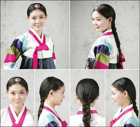 The plaited-braid was only allowed for unmarried women in the Chosun Dynasty (1392-1910). The three-strand braid is tied with a long, red pigtail ribbon (daenggi) at the end, while an ornamental piece (baesssi daenggi) decorates the hair. Traditional Hairstyles, Ancient Clothing, Native Beauty, Hairstyle Braid, Plait Braid, Historical Hairstyles, Diy Updo, Korean Men Hairstyle, Korean Things