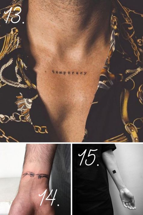 27 Small Tattoo Ideas for Men That Make A Big Statement - tattooglee Zwilling Tattoo, Small Neck Tattoos, Small Tattoo Placement, Tato Dada, Small Chest Tattoos, Tattoo Spots, Hidden Tattoos, Men's Small Tattoo, Tattoo Inspiration Men