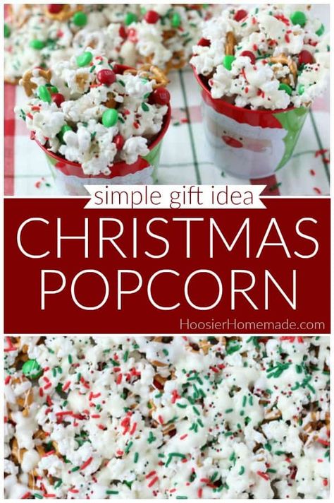 Christmas Popcorn | Put this Christmas treat together in minutes! Enjoy it during the holidays, give as a gift, add to your Christmas cookie exchange or leave out for Santa to enjoy! #christmaspopcorn #christmastreat #homemadegiftidea #giftsfromthekitchen Popcorn Christmas Gifts, Christmas Popcorn Recipes, Popcorn Ideas, Christmas Snack Mix, Holiday Popcorn, Easy Holiday Treats, Christmas Popcorn, Peppermint Fudge, Popcorn Treats