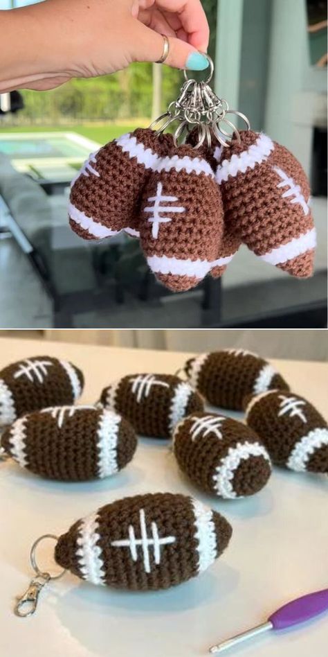 Crochet Football Pattern Free, Crochet Football Pattern, Amigurumi Ball, Crochet Keyring Free Pattern, Football Crochet, Market Crochet, Crochet Fish Patterns, Ball Crochet, Crochet Craft Fair