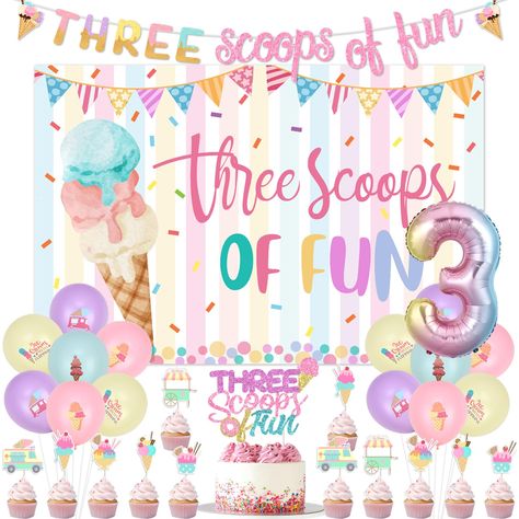 PRICES MAY VARY. Package Includes: You will receive 1 x three scoops of fun backdrop, 1 x three scoops of fun cake topper, 1 x three scoops of fun banner, 12 x ice cream theme cupcake toppers, 1x number 3 foil balloon(No Helium Supported), 16 x latex balloons(12 inches), which can meet all your demands for girl ice cream 3rd birthday party decoration Unique Design: The ice cream 3rd birthday decorations are printed with cute ice cream patterns and ice cream truck, which is popular with 3 years o