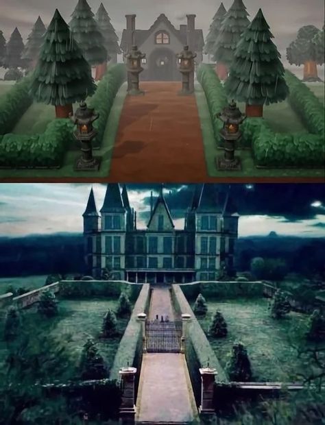 Acnh House Entrance Ideas, Acnh Goth Museum, Acnh Spooky House Exterior, Animal Crossing Hogwarts Design, Acnh House Exterior Ideas Goth, Animal Crossing House Entrance, Acnh House Entrance, Spooky Entrance Animal Crossing, Acnh Goth Entrance