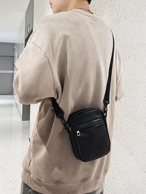 Black  Collar  PU Leather Plain Square Bag Embellished   Men Bags Sling Bag Outfit, Shoulder Bag Outfit, Sling Bag For Men, Mens Crossbody Bag, Fall Bags, Crossbody Bags For Travel, Side Bags, Mens Leather Bag, Shoulder Messenger Bag