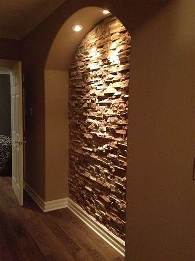 Accent Wall Hallway, Basement Hallway, Wall Cutout, Faux Stone Walls, Stone Accent Walls, Entry Wall, Living Room Setup, Wall Niche, Basement Makeover